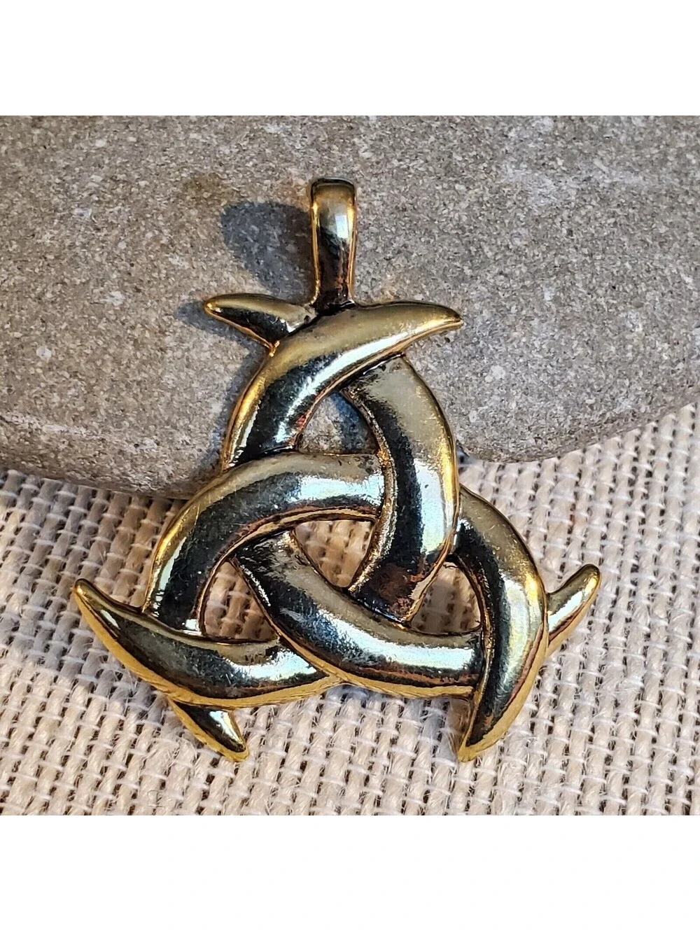 New Vintage 90s Triple Celtic Moon Antique Gold Alloy Metal Pendant